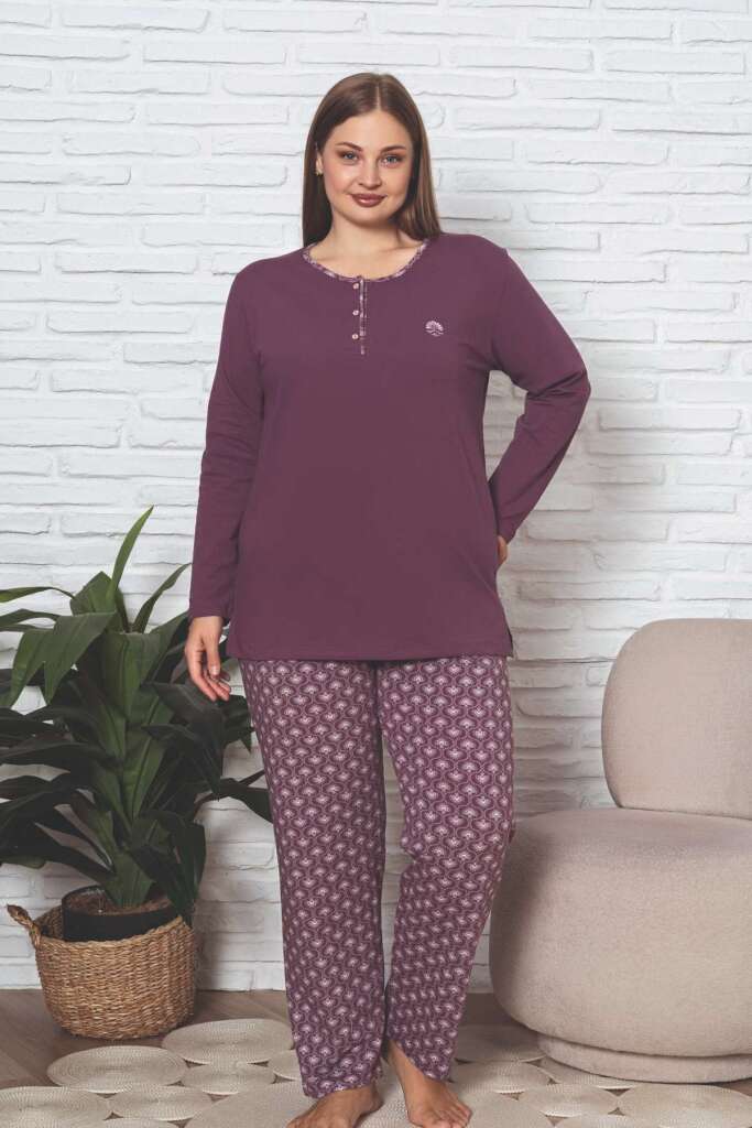 Büyük Beden Kadın Pijama Takımı - Gülkurusu Likralı Pamuk 2890UKBL - 4