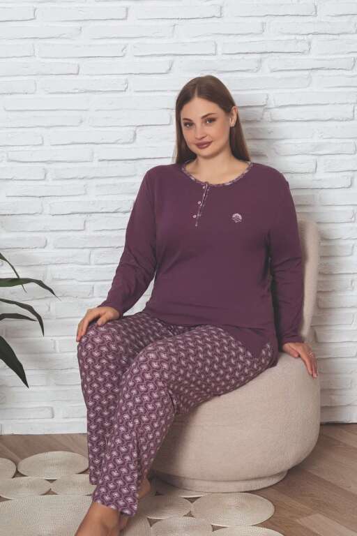 Büyük Beden Kadın Pijama Takımı - Gülkurusu Likralı Pamuk 2890UKBL - 3