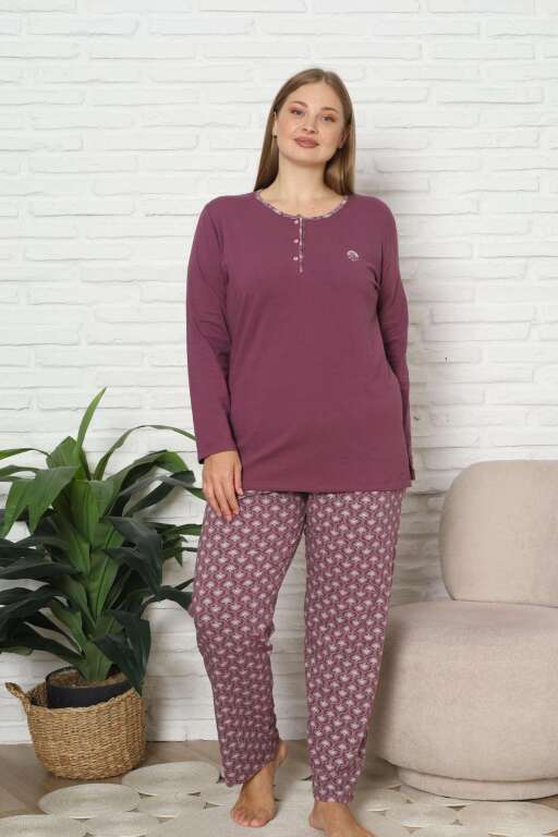 Büyük Beden Kadın Pijama Takımı - Gülkurusu Likralı Pamuk 2890UKBL - Alimer (1)