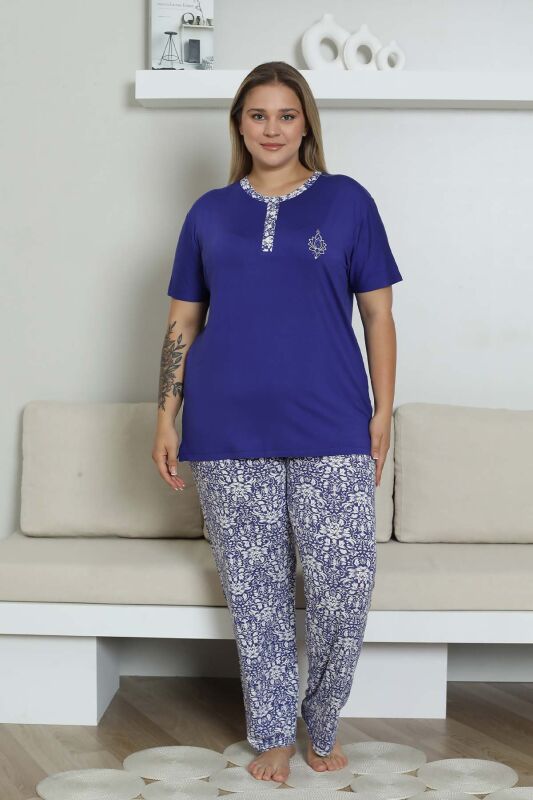 Büyük Beden Pijama Takımı - Saks Mavi Etnik Desenli Kısa Kol Likralı Rink Viskon 2865KYB - 1