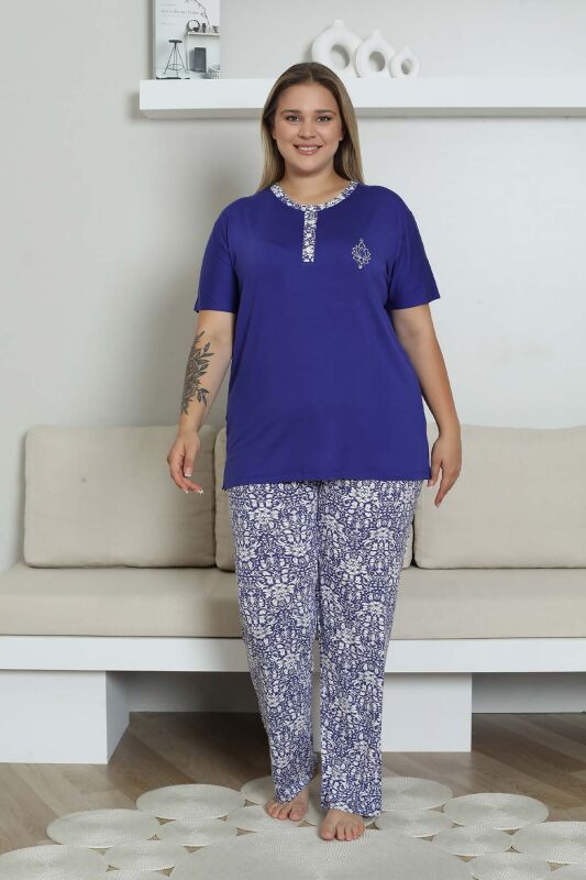Büyük Beden Pijama Takımı - Saks Mavi Etnik Desenli Kısa Kol Likralı Rink Viskon 2865KYB - 3