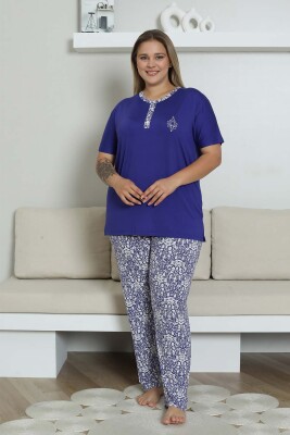 Büyük Beden Pijama Takımı - Saks Mavi Etnik Desenli Kısa Kol Likralı Rink Viskon 2865KYB - 4