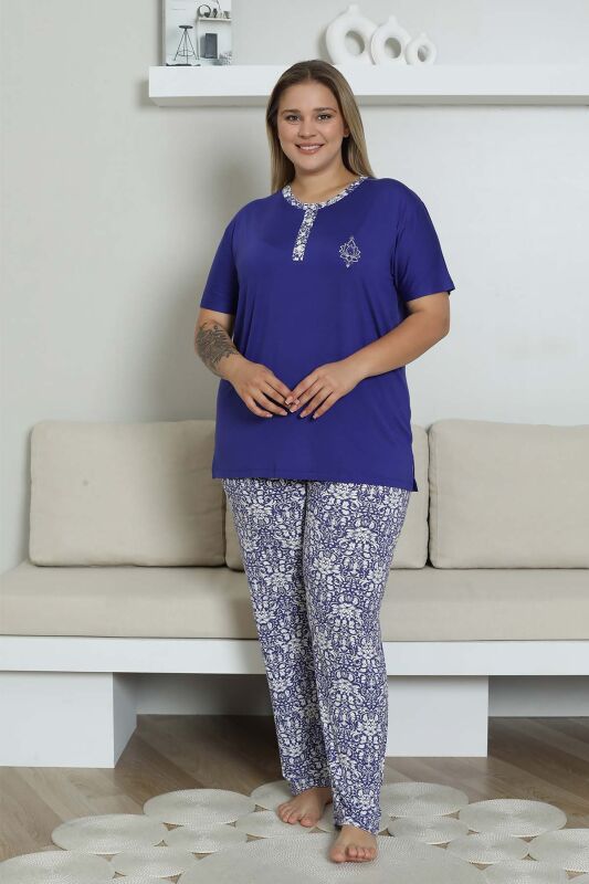 Büyük Beden Pijama Takımı - Saks Mavi Etnik Desenli Kısa Kol Likralı Rink Viskon 2865KYB - 4