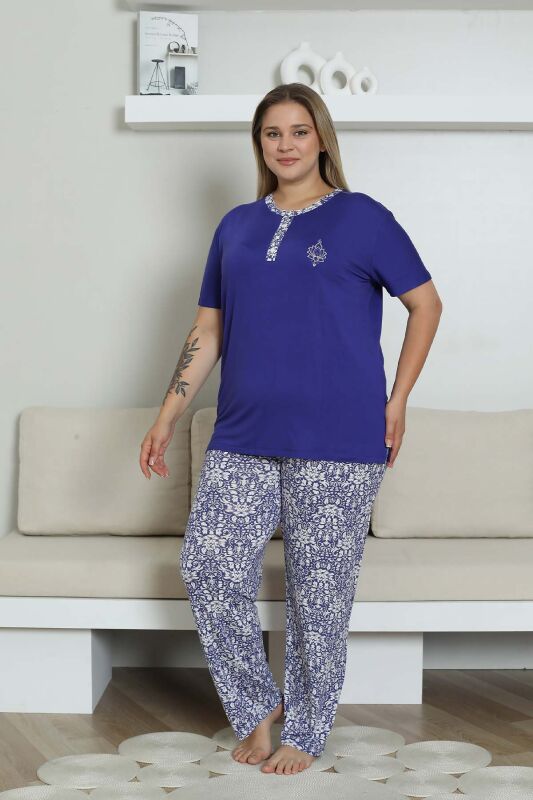 Büyük Beden Pijama Takımı - Saks Mavi Etnik Desenli Kısa Kol Likralı Rink Viskon 2865KYB - 2