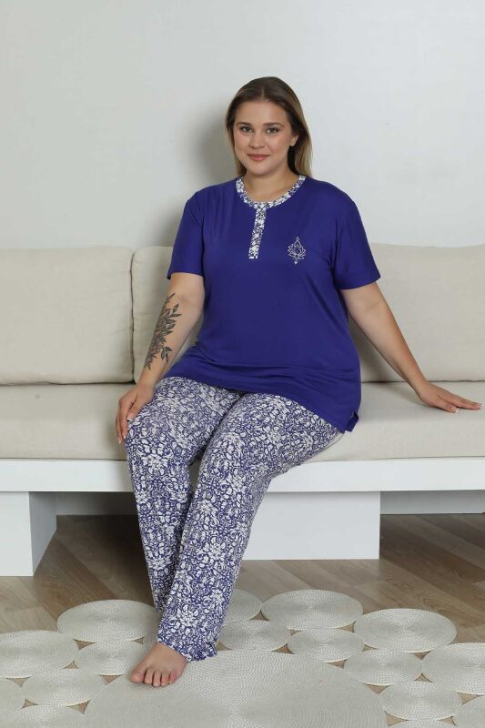 Büyük Beden Pijama Takımı - Saks Mavi Etnik Desenli Kısa Kol Likralı Rink Viskon 2865KYB - 5