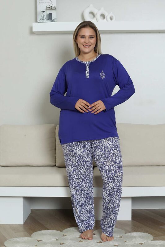 Büyük Beden Pijama Takımı - Saks Mavi Etnik Desenli Uzun Kol Likralı Rink Viskon 2865UYB - 3
