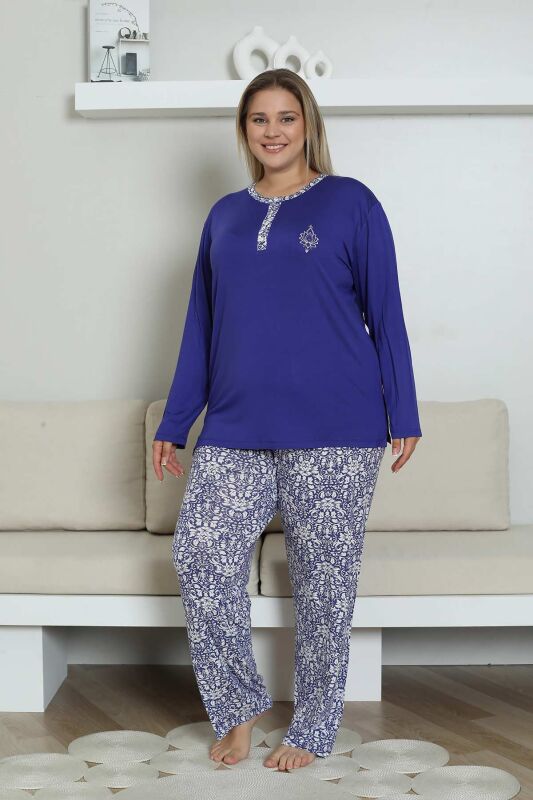 Büyük Beden Pijama Takımı - Saks Mavi Etnik Desenli Uzun Kol Likralı Rink Viskon 2865UYB - 1