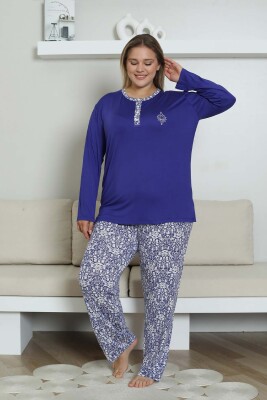 Büyük Beden Pijama Takımı - Saks Mavi Etnik Desenli Uzun Kol Likralı Rink Viskon 2865UYB - 4