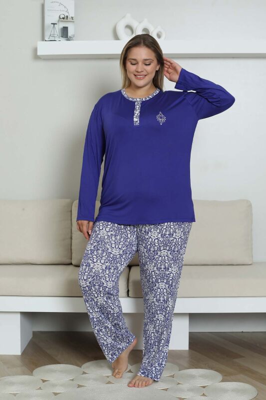 Büyük Beden Pijama Takımı - Saks Mavi Etnik Desenli Uzun Kol Likralı Rink Viskon 2865UYB - 4