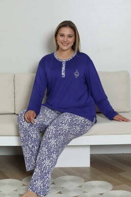 Büyük Beden Pijama Takımı - Saks Mavi Etnik Desenli Uzun Kol Likralı Rink Viskon 2865UYB - 5