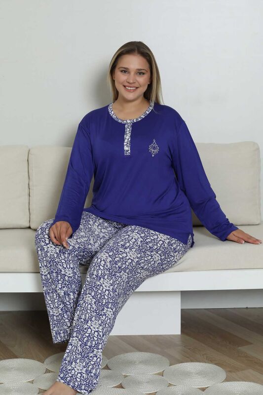 Büyük Beden Pijama Takımı - Saks Mavi Etnik Desenli Uzun Kol Likralı Rink Viskon 2865UYB - 5