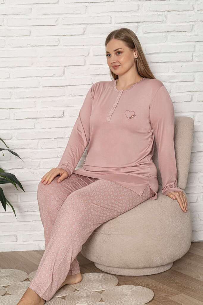 Büyük Beden Kadın Pijama Takımı - Pudra Uzun Kol Likralı Viskon 2924UYB - 2