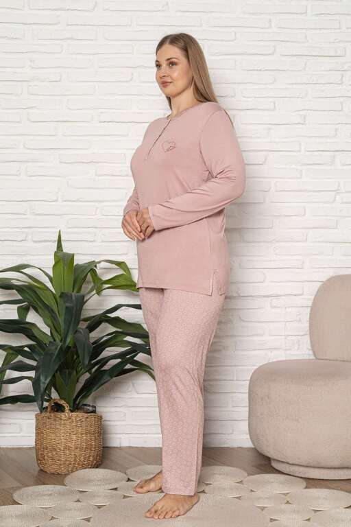 Büyük Beden Kadın Pijama Takımı - Pudra Uzun Kol Likralı Viskon 2924UYB - 4