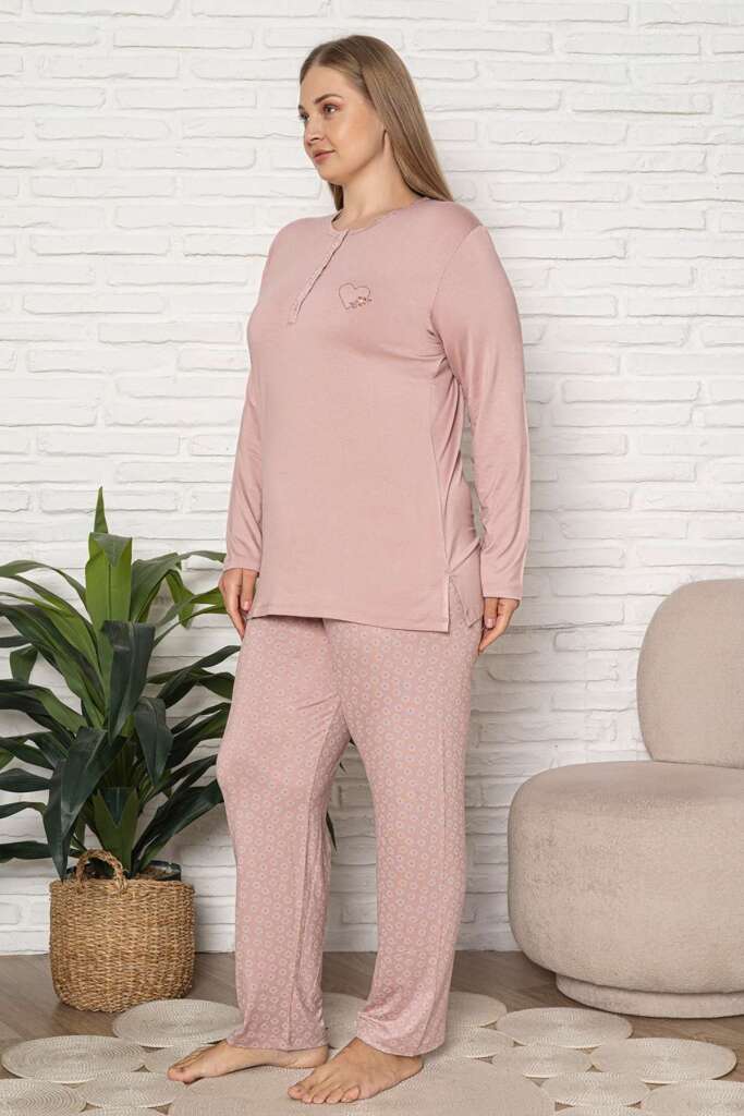 Büyük Beden Kadın Pijama Takımı - Pudra Uzun Kol Likralı Viskon 2924UYB - 3