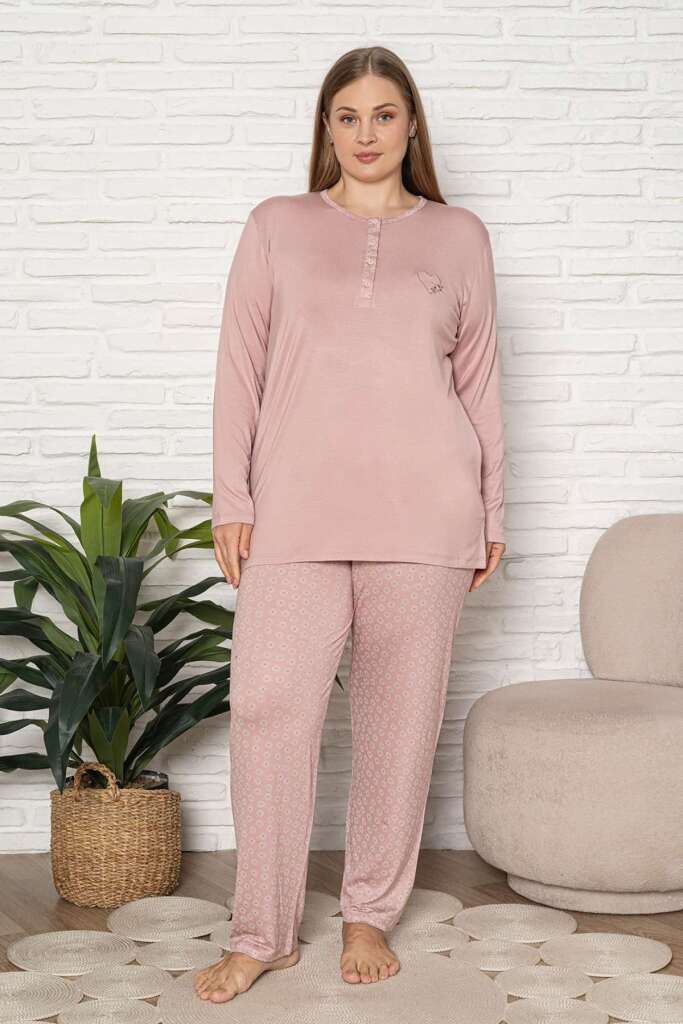 Büyük Beden Kadın Pijama Takımı - Pudra Uzun Kol Likralı Viskon 2924UYB - 1