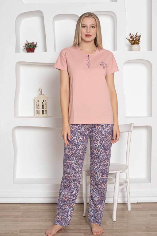 Çiçek Desenli Kadın Pijama Takımı - Pudra Nakışlı Penye Kısa Kollu 2767KY - Alimer (1)