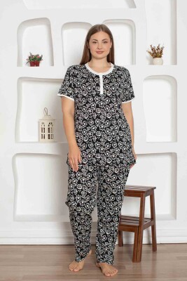 Siyah Çiçek Desenli Büyük Beden Bayan Pijama Takımı 2794KYB - Alimer