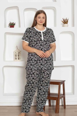 Siyah Çiçek Desenli Büyük Beden Bayan Pijama Takımı 2794KYB - Alimer (1)