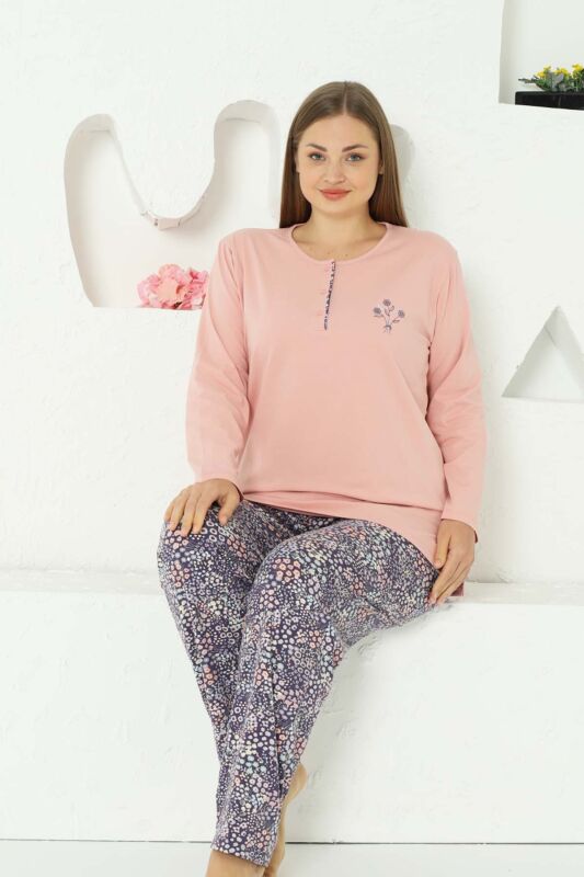 Çiçek Desenli Büyük Beden Kadın Pijama Takımı - Pudra Nakışlı Penye 2767UYB - 2