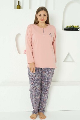 Çiçek Desenli Büyük Beden Kadın Pijama Takımı - Pudra Nakışlı Penye 2767UYB - 3