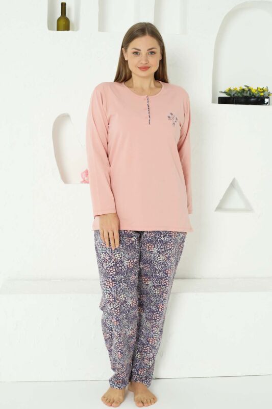 Çiçek Desenli Büyük Beden Kadın Pijama Takımı - Pudra Nakışlı Penye 2767UYB - 3