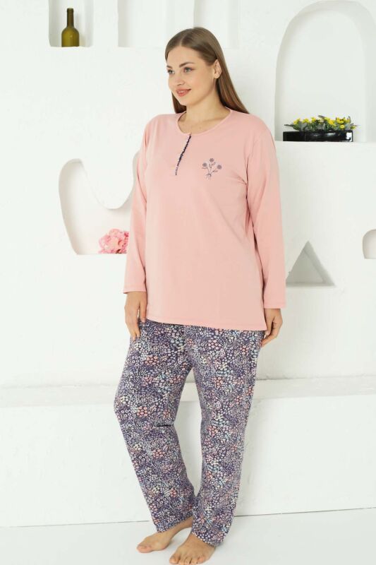 Çiçek Desenli Büyük Beden Kadın Pijama Takımı - Pudra Nakışlı Penye 2767UYB - 4
