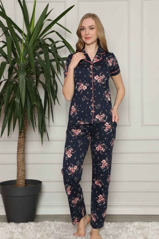 Çiçek Desenli Düğmeli Kısa Kollu Bayan Pijama Takımı 2579KY - 1