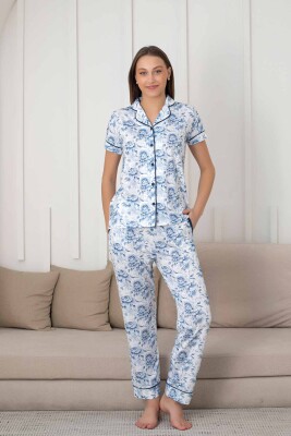 Çiçek Desenli Kadın Pijama Takımı - Boydan Düğmeli Likralı Viskon 2836KY - 2