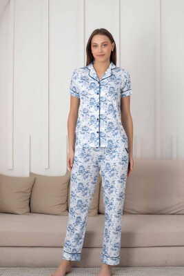Çiçek Desenli Kadın Pijama Takımı - Boydan Düğmeli Likralı Viskon 2836KY - 4