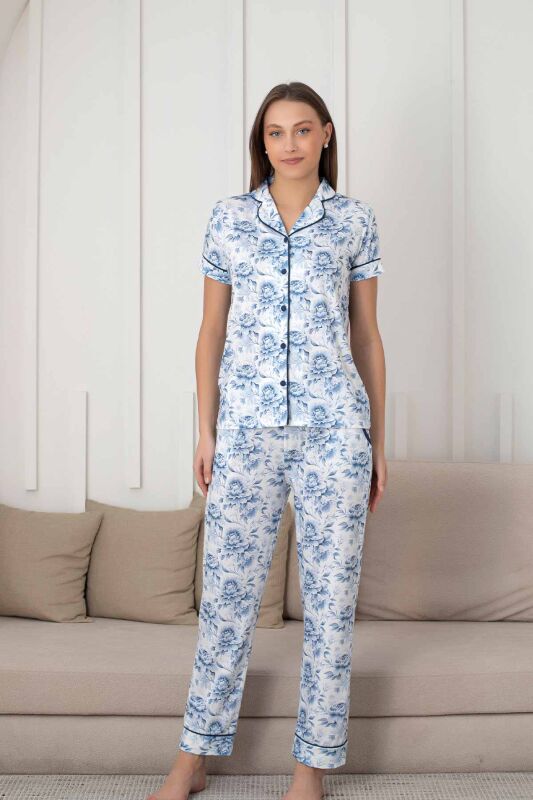 Çiçek Desenli Kadın Pijama Takımı - Boydan Düğmeli Likralı Viskon 2836KY - 4