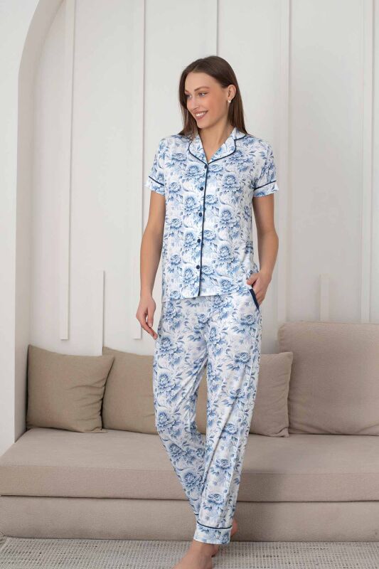 Çiçek Desenli Kadın Pijama Takımı - Boydan Düğmeli Likralı Viskon 2836KY - 5