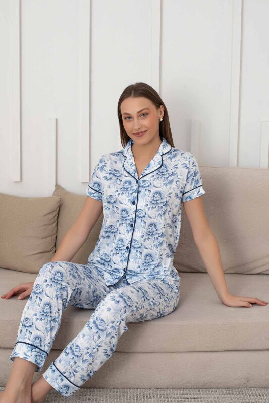 Çiçek Desenli Kadın Pijama Takımı - Boydan Düğmeli Likralı Viskon 2836KY - 3