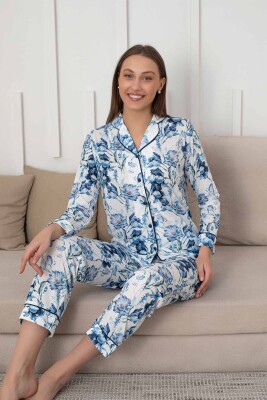 Çiçek Desenli Kadın Pijama Takımı - Boydan Düğmeli Likralı Viskon 2836UY - 2