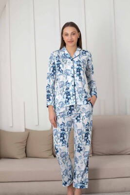 Çiçek Desenli Kadın Pijama Takımı - Boydan Düğmeli Likralı Viskon 2836UY - 1