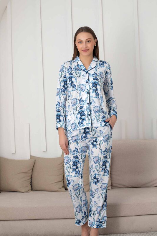 Çiçek Desenli Kadın Pijama Takımı - Boydan Düğmeli Likralı Viskon 2836UY - 1