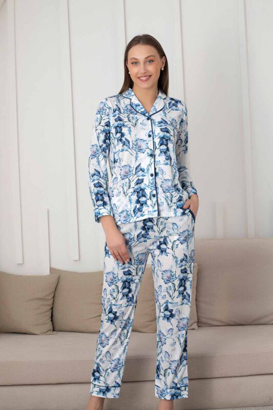 Çiçek Desenli Kadın Pijama Takımı - Boydan Düğmeli Likralı Viskon 2836UY - 3