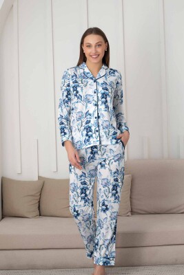 Çiçek Desenli Kadın Pijama Takımı - Boydan Düğmeli Likralı Viskon 2836UY - 5