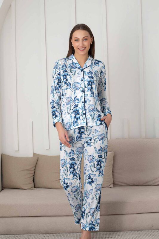 Çiçek Desenli Kadın Pijama Takımı - Boydan Düğmeli Likralı Viskon 2836UY - 5