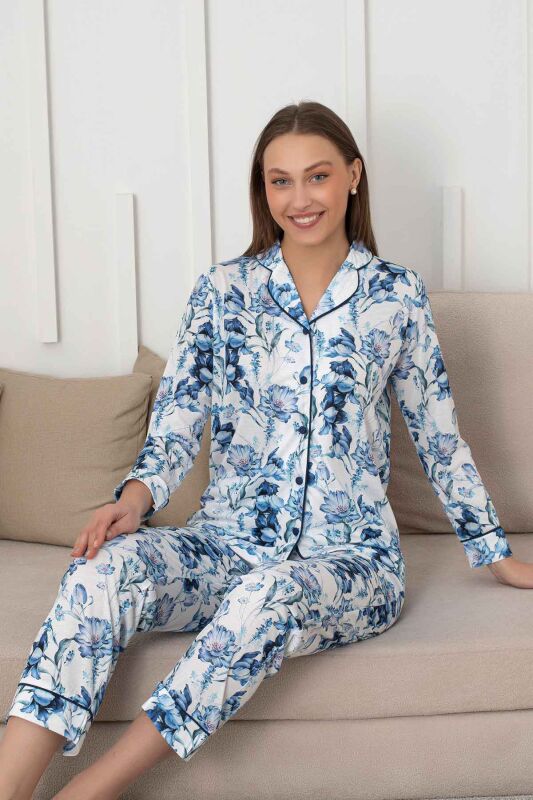 Çiçek Desenli Kadın Pijama Takımı - Boydan Düğmeli Likralı Viskon 2836UY - 4