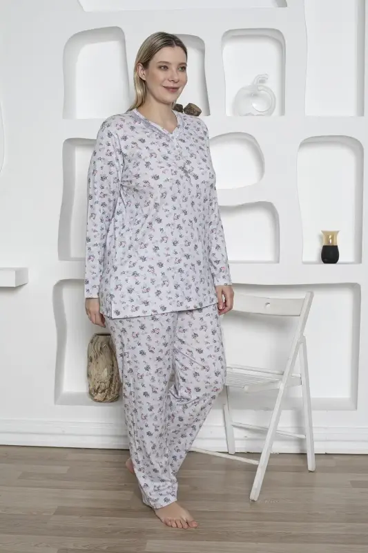 Çiçek Desenli Kadın Pijama Takımı -Büyük Beden Dantel Yaka Penye 2819UKB - 5