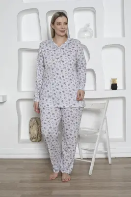 Çiçek Desenli Kadın Pijama Takımı -Büyük Beden Dantel Yaka Penye 2819UKB - 1