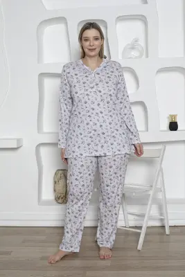 Çiçek Desenli Kadın Pijama Takımı -Büyük Beden Dantel Yaka Penye 2819UKB - 3