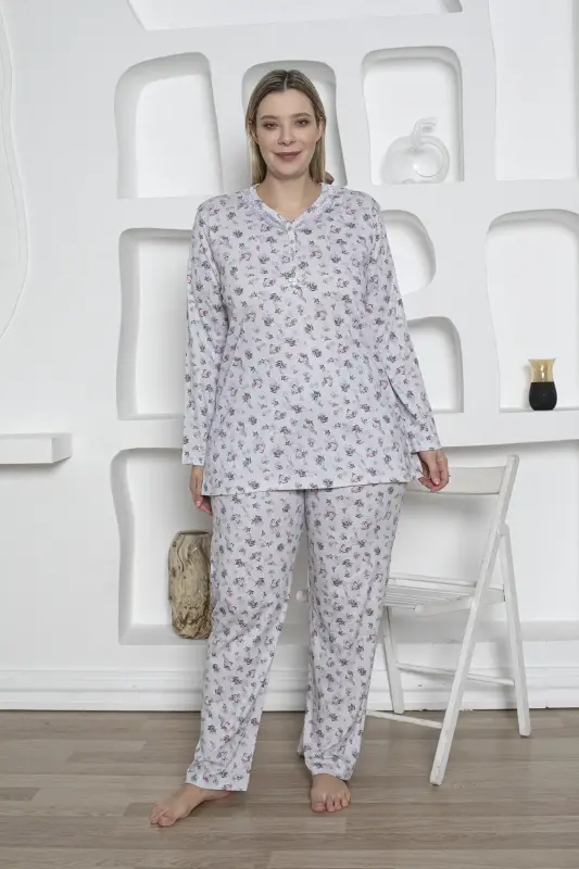 Çiçek Desenli Kadın Pijama Takımı -Büyük Beden Dantel Yaka Penye 2819UKB - 3