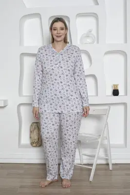 Çiçek Desenli Kadın Pijama Takımı -Büyük Beden Dantel Yaka Penye 2819UKB - 2