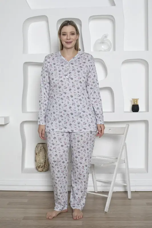 Çiçek Desenli Kadın Pijama Takımı -Büyük Beden Dantel Yaka Penye 2819UKB - 2