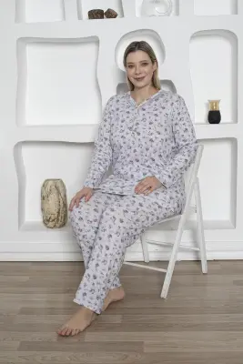Çiçek Desenli Kadın Pijama Takımı -Büyük Beden Dantel Yaka Penye 2819UKB - 4