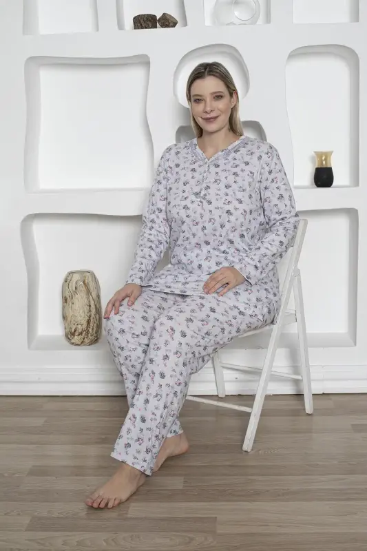 Çiçek Desenli Kadın Pijama Takımı -Büyük Beden Dantel Yaka Penye 2819UKB - 4