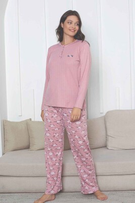 Çiçek Desenli Kadın Pijama Takımı - Gülkurusu Nakışlı Kışlık Şardonlu İnterlok 2879UK - 1