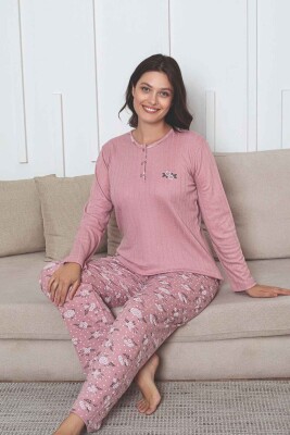 Çiçek Desenli Kadın Pijama Takımı - Gülkurusu Nakışlı Kışlık Şardonlu İnterlok 2879UK - 2