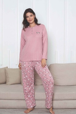 Çiçek Desenli Kadın Pijama Takımı - Gülkurusu Nakışlı Kışlık Şardonlu İnterlok 2879UK - 5